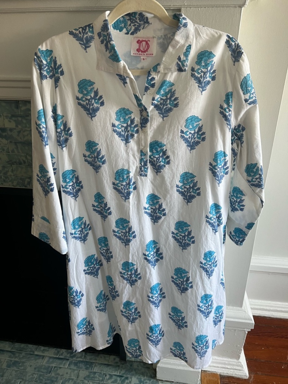 Victoria Dunn White Tunic Dress with Blue Floral Print